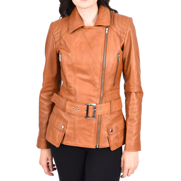 Womens Tan Leather Belted Jacket Hip Length With Zip Details Sandra