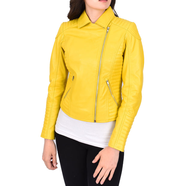 Womens Designer Leather Biker Jacket Fitted Quilted Bonita Yellow-6