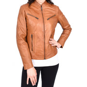 Womens Fitted Leather Biker Jacket Casual Zip Up Coat Jenny Tan-6