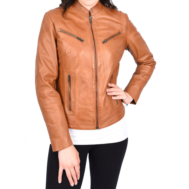 Womens Fitted Leather Biker Jacket Casual Zip Up Coat Jenny Tan-6