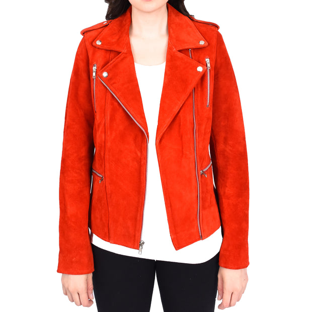 Womens Genuine Red Suede Biker Jacket - Rusty