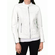 Womens Genuine Leather Biker Jacket Zip Casual Naomi White-6