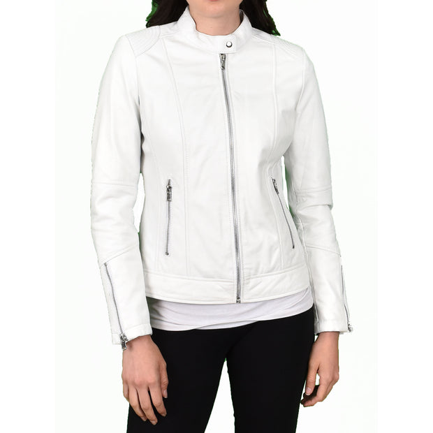 Womens Genuine Leather Biker Jacket Zip Casual Naomi White-6
