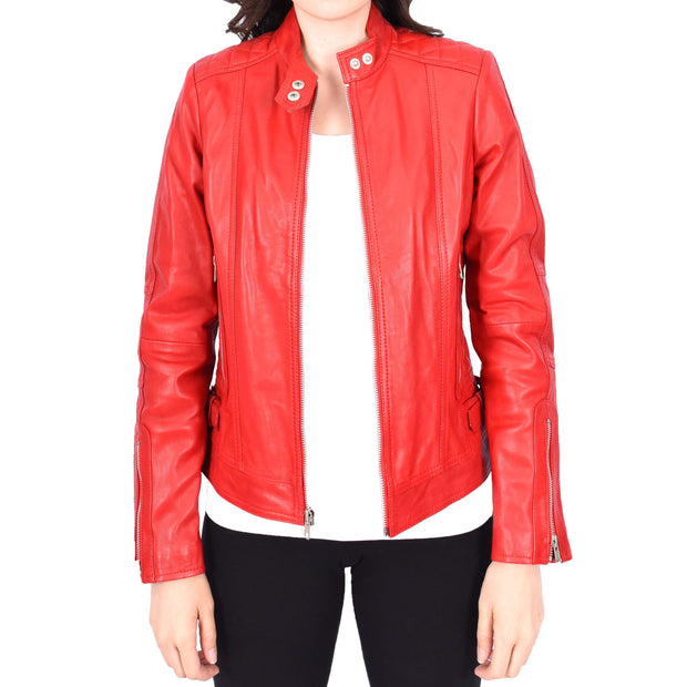 Womens Soft Red Leather Biker Jacket Designer Stylish Fitted Quilted Celeste