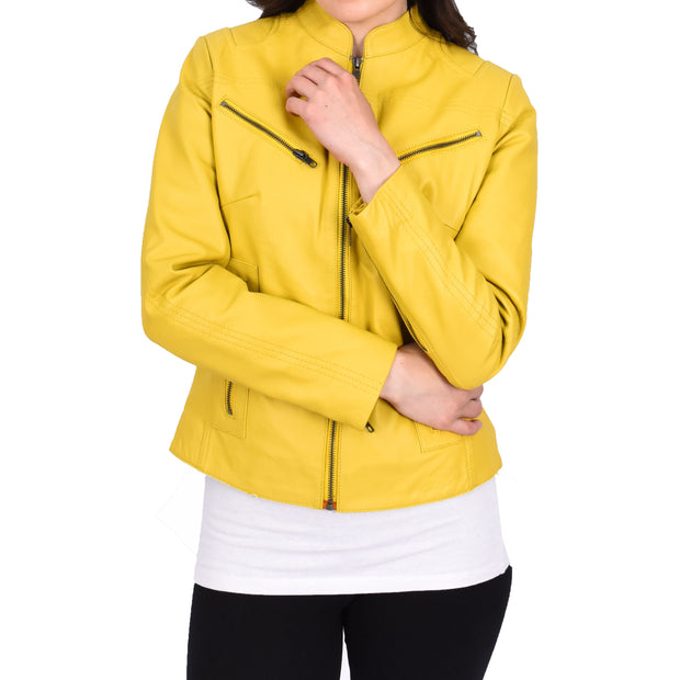Womens Fitted Leather Biker Jacket Casual Zip Up Coat Jenny Yellow-6