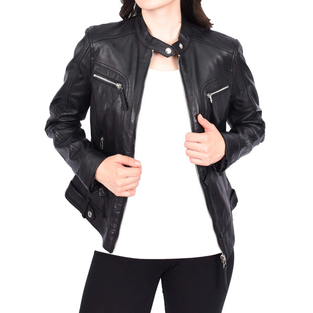 Womens Soft Leather Biker Jacket Black Casual Fitted Trendy Stylish Zoe