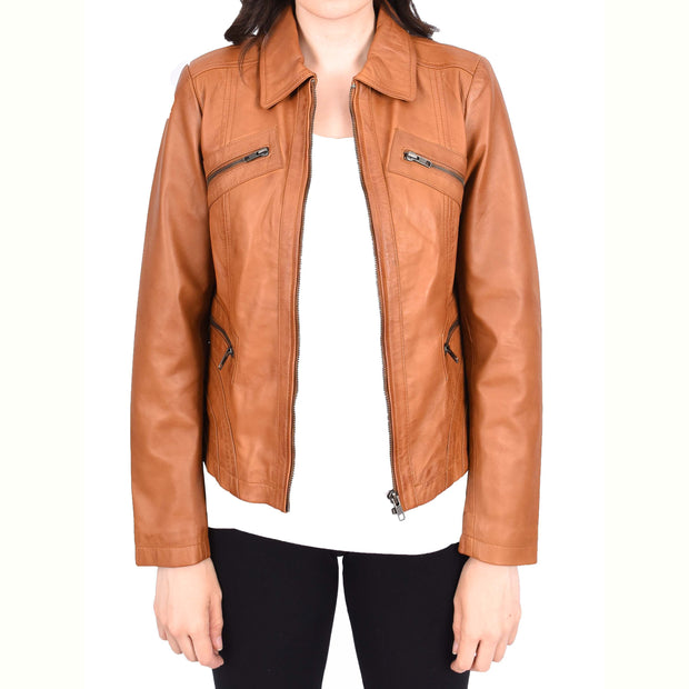 Ladies Soft Leather Jacket Fitted Collared Zip Fasten Biker Style Leah Tan-