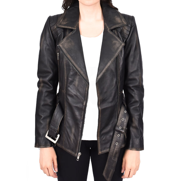 Womens Rub 0ff Leather Belted Jacket Hip Length With Zip Details Sandra