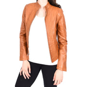 Womens Soft Cognac Leather Biker Jacket Stand-Up Band Collar Bliss