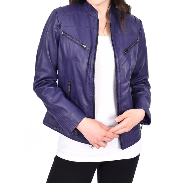 Womens Fitted Leather Biker Jacket Casual Zip Up Coat Jenny Purple-6