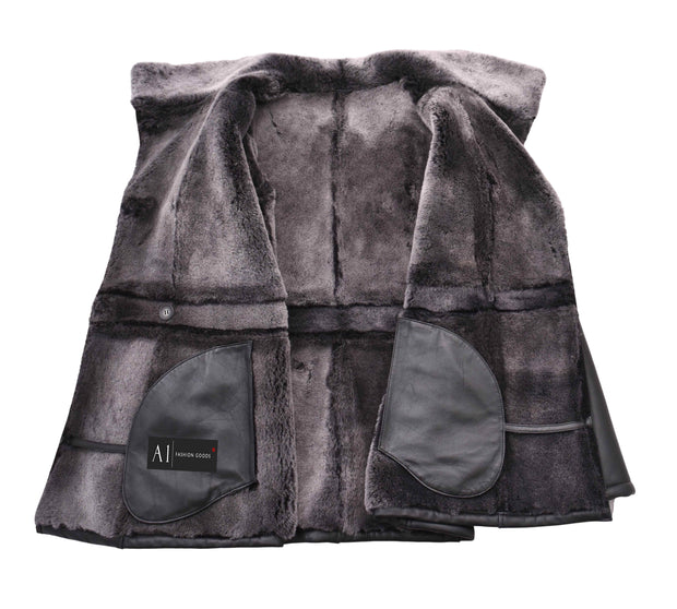 Womens Real Sheepskin Coat Black Double Breasted Grey Merino Shearling Donna