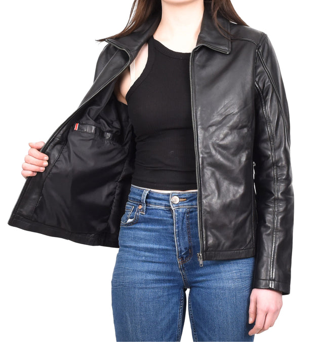 Womens Soft Black Leather Jacket Casual Biker Style Fitted Zip Fasten Aira