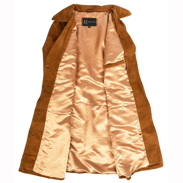 Women's Fine Goat Suede Trench Coat Below Knee Length, Belted Waist Long Jacket, Classic Style Rona Cognac