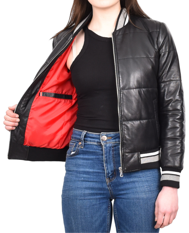 Womens Puffer Black Leather Jacket Soft Padded Bomber Yara
