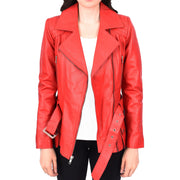 Womens Red Leather Belted Jacket Hip Length With Zip Details Sandra