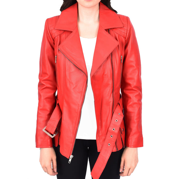 Womens Red Leather Belted Jacket Hip Length With Zip Details Sandra
