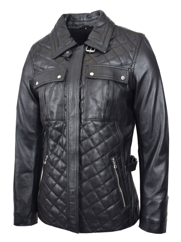 Womens Soft Black Leather Jacket Trendy Hip Length Quilted Fitted Style Rhea
