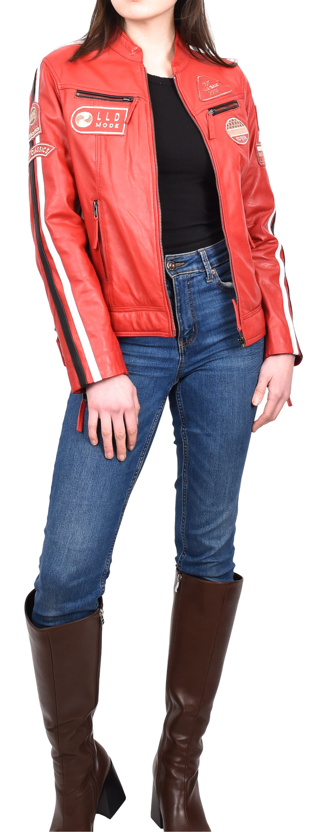 Womens Real Red Leather Cafe Racer Biker Jacket Motorcycle Retro Badges Abby