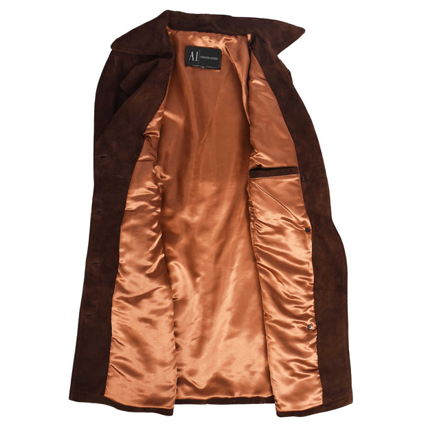 Women's Fine Goat Suede Trench Coat Below Knee Length, Belted Waist Long Jacket, Classic Style Rona Brown