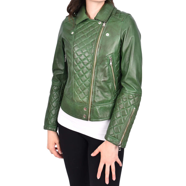 Womens Real Leather Jacket Green Fitted Quilted Trendy Biker Style Bonnie-7