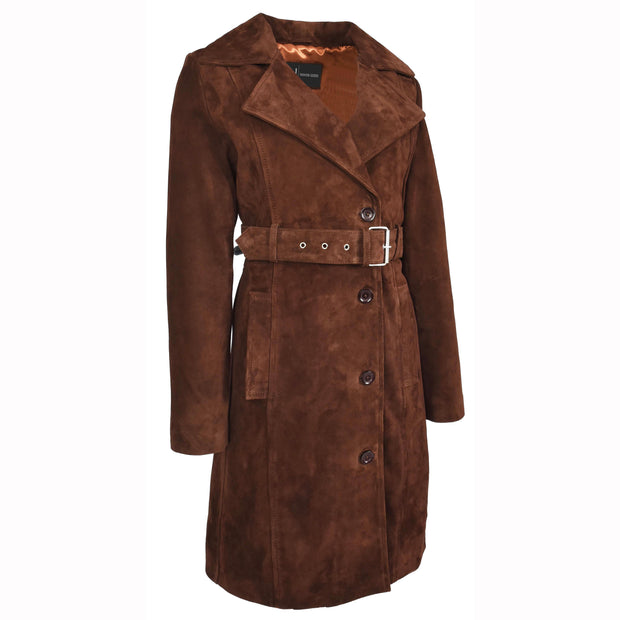 Women's Fine Goat Suede Trench Coat Below Knee Length, Belted Waist Long Jacket, Classic Style Rona Brown