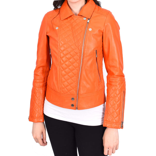 Womens Real Leather Jacket Orange Fitted Quilted Trendy Biker Style Bonnie-7