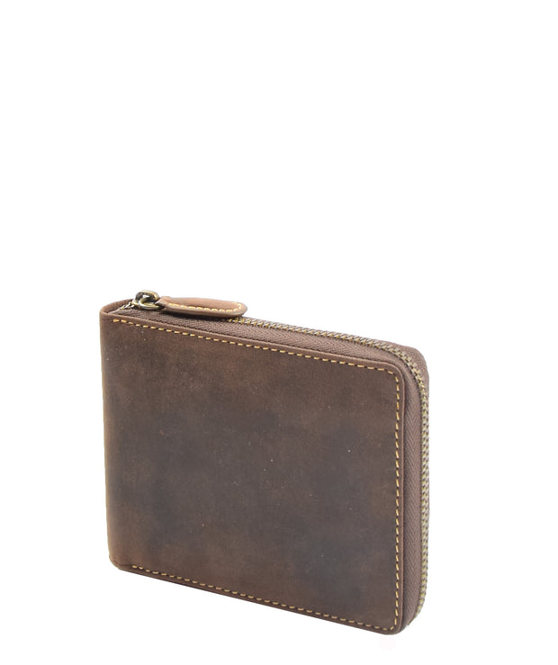 Mens Wallet Genuine Hunter Leather Zip Around Gift Boxed RFID Safe Aramac Brown