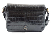Womens Real Leather Handbag Croc Print Cross Body Bag Luna Black