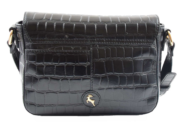 Womens Real Leather Handbag Croc Print Cross Body Bag Luna Black