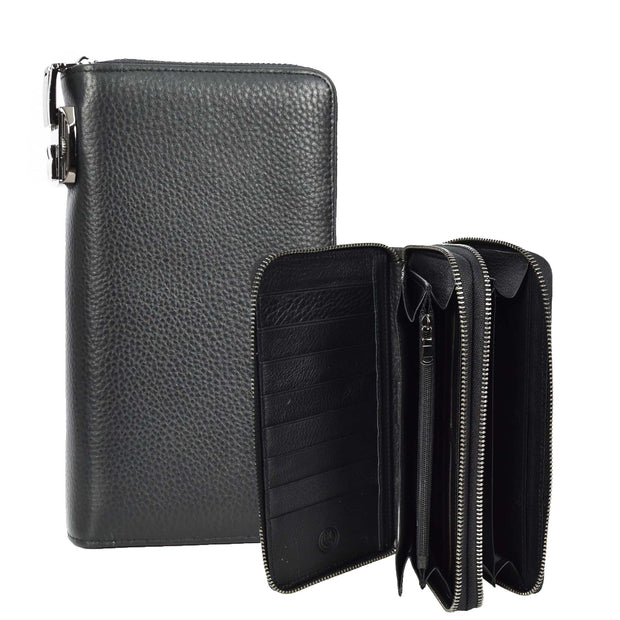 Real Leather Clutch Dual Zipper Large Size Lockable Purse Organiser Travel Wallet A213 Black