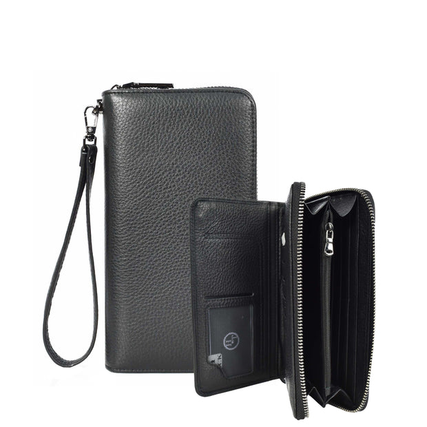 Leather Long Evelope Clutch Purse with Multi- Compartments Card Cash ID Card Travel Wallet A211 Black