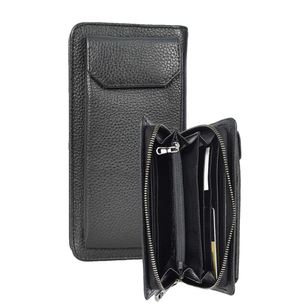 Real Leather Large Capacity Clutch Purse Zip Around Mobile Cards Glasses Organiser Travel Wallet A196 Black