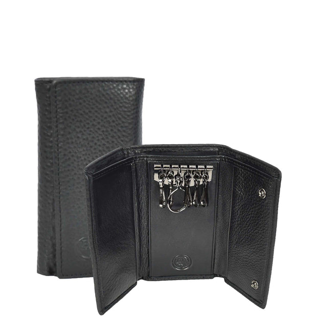 Real Leather Tri-Fold Key Case Wallet With Multiple Key Holders Pouch A168 Black