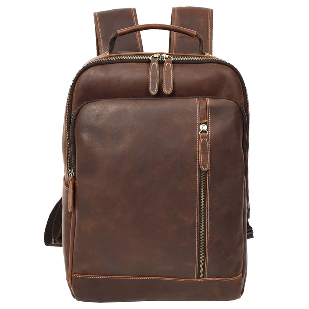 Real Leather Backpack Laptop USB Port Multiple Pockets Rucksack A176 Rust Brown