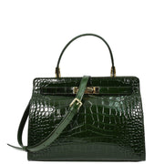 Womens Real Leather Handbag Glossy Embossed Pattern Zip Top Twin Handle Style Ophelia Green