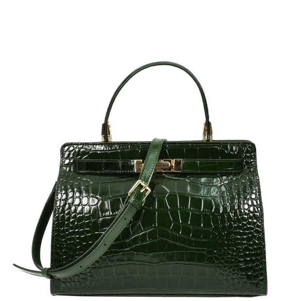 Womens Real Leather Handbag Glossy Embossed Pattern Zip Top Twin Handle Style Ophelia Green