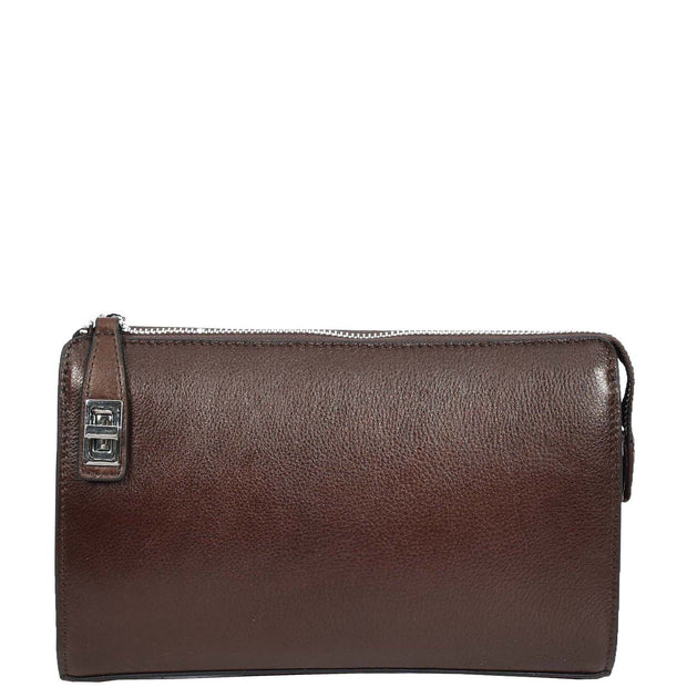 Real Leather Mens Wrist Organiser Zip Top Business Travel Clutch Bag Caba Brown