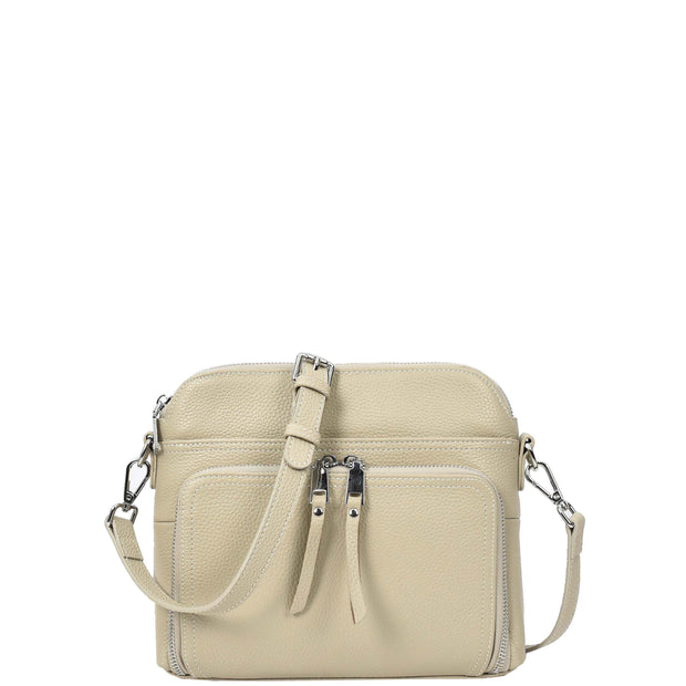 Womens Leather Crossbody Bag Multi-Pocket Shoulder Handbag Slim Sling Messenger June Taupe