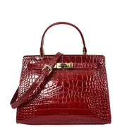 Womens Real Leather Handbag Glossy Embossed Pattern Zip Top Twin Handle Style Ophelia Burgundy
