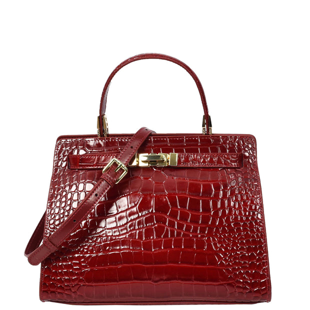 Womens Real Leather Handbag Glossy Embossed Pattern Zip Top Twin Handle Style Ophelia Burgundy