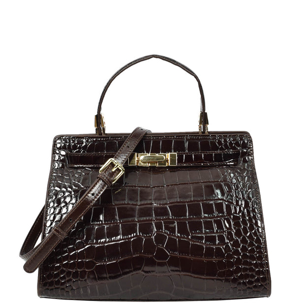 Womens Real Leather Handbag Glossy Embossed Pattern Zip Top Twin Handle Style Ophelia Coffee