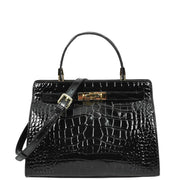 Womens Real Leather Handbag Glossy Embossed Pattern Zip Top Twin Handle Style Ophelia Black