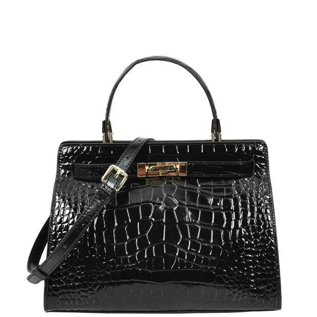 Womens Real Leather Handbag Glossy Embossed Pattern Zip Top Twin Handle Style Ophelia Black