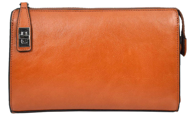 Real Leather Mens Wrist Organiser Zip Top Business Travel Clutch Bag Caba Tan