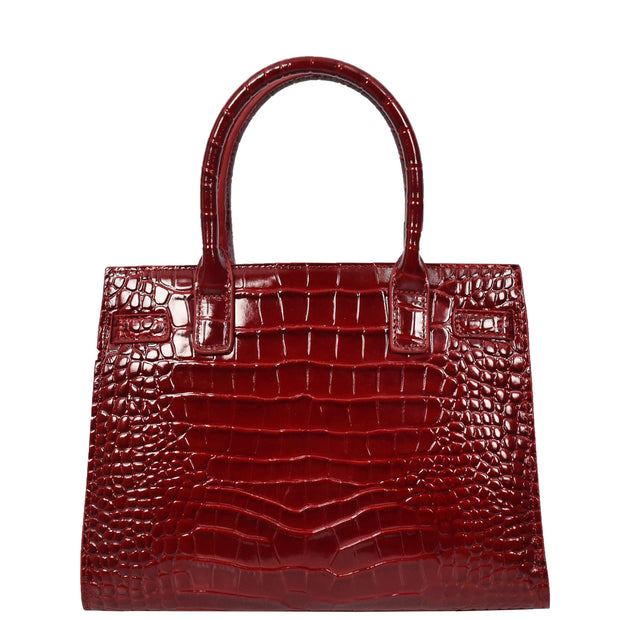 Womens Real Leather Handbag Glossy Embossed Pattern Zip Top Twin Handle Style Perry Red