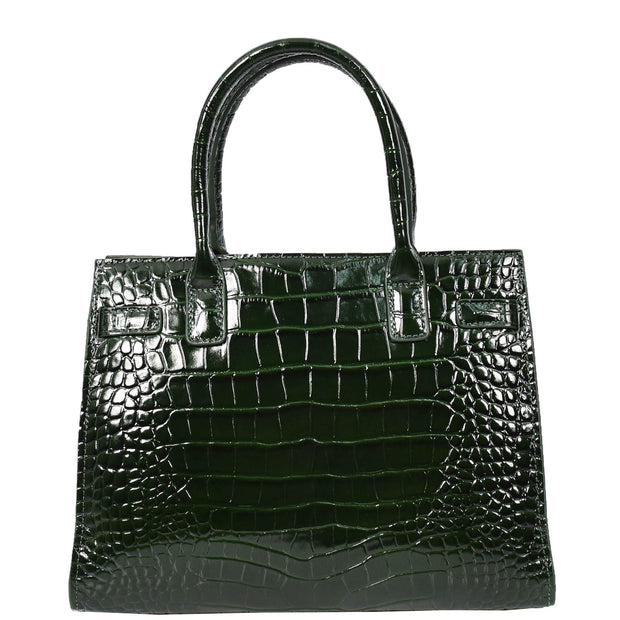Womens Real Leather Handbag Glossy Embossed Pattern Zip Top Twin Handle Style Perry Green