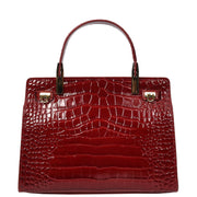 Womens Real Leather Handbag Glossy Embossed Pattern Zip Top Twin Handle Style Ophelia Burgundy