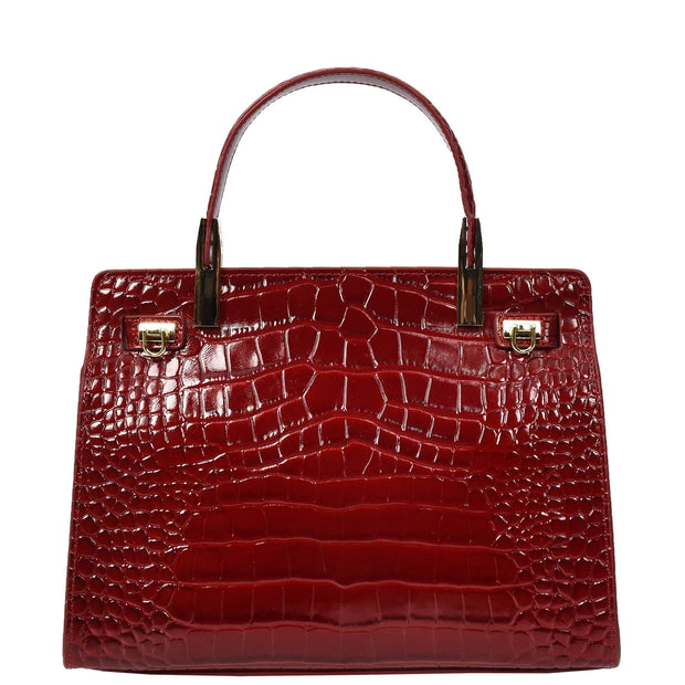 Womens Real Leather Handbag Glossy Embossed Pattern Zip Top Twin Handle Style Ophelia Burgundy