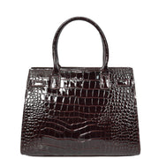 Womens Real Leather Handbag Glossy Embossed Pattern Zip Top Twin Handle Style Perry Coffee