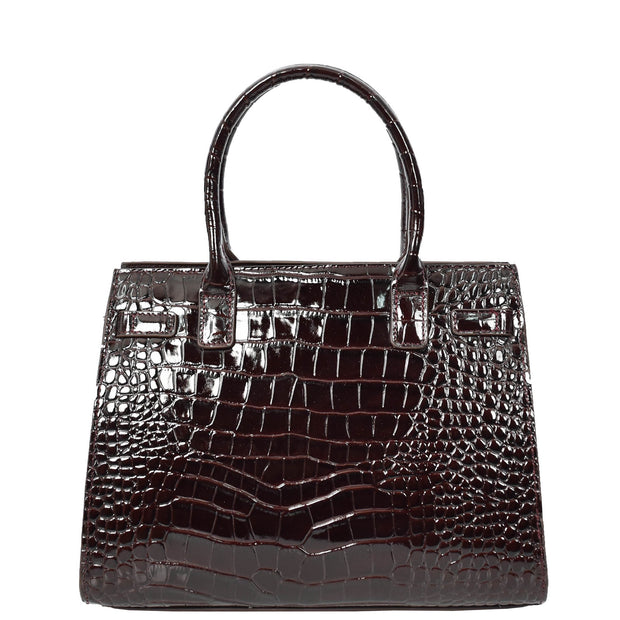 Womens Real Leather Handbag Glossy Embossed Pattern Zip Top Twin Handle Style Perry Coffee